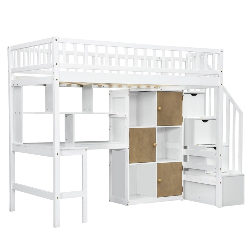Solid Wood Twin Size Loft Bed w/ Built-in Desk, High LED Loft Bed w/Storage Shelves, Cabinets & Staircase, Full-Length Guardrail