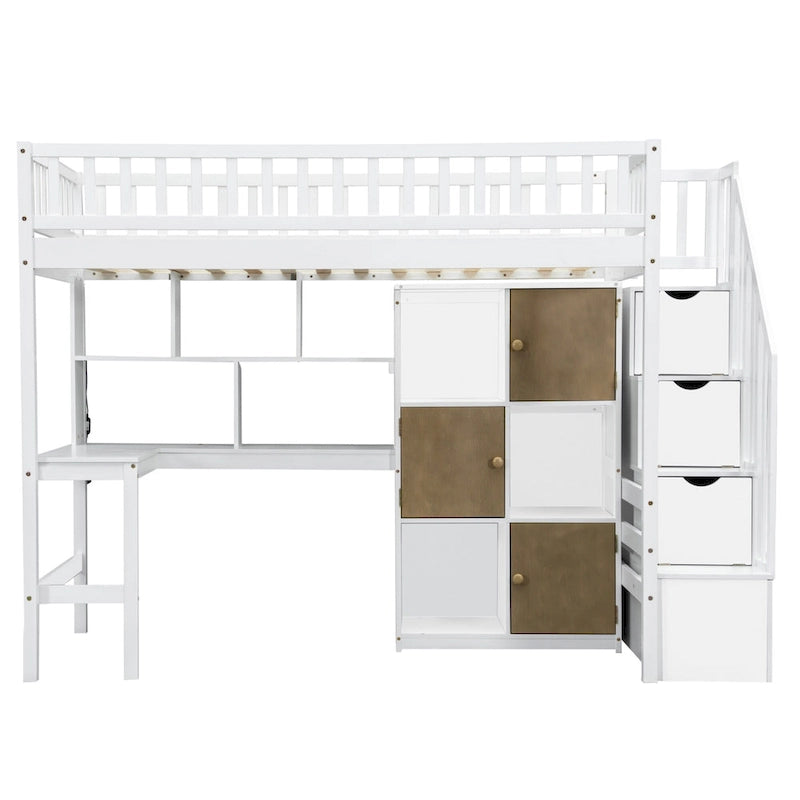 Solid Wood Twin Size Loft Bed w/ Built-in Desk, High LED Loft Bed w/Storage Shelves, Cabinets & Staircase, Full-Length Guardrail