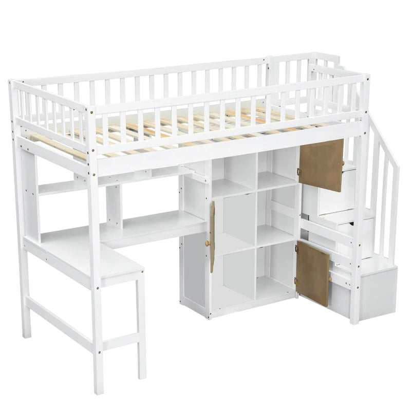 Solid Wood Twin Size Loft Bed w/ Built-in Desk, High LED Loft Bed w/Storage Shelves, Cabinets & Staircase, Full-Length Guardrail