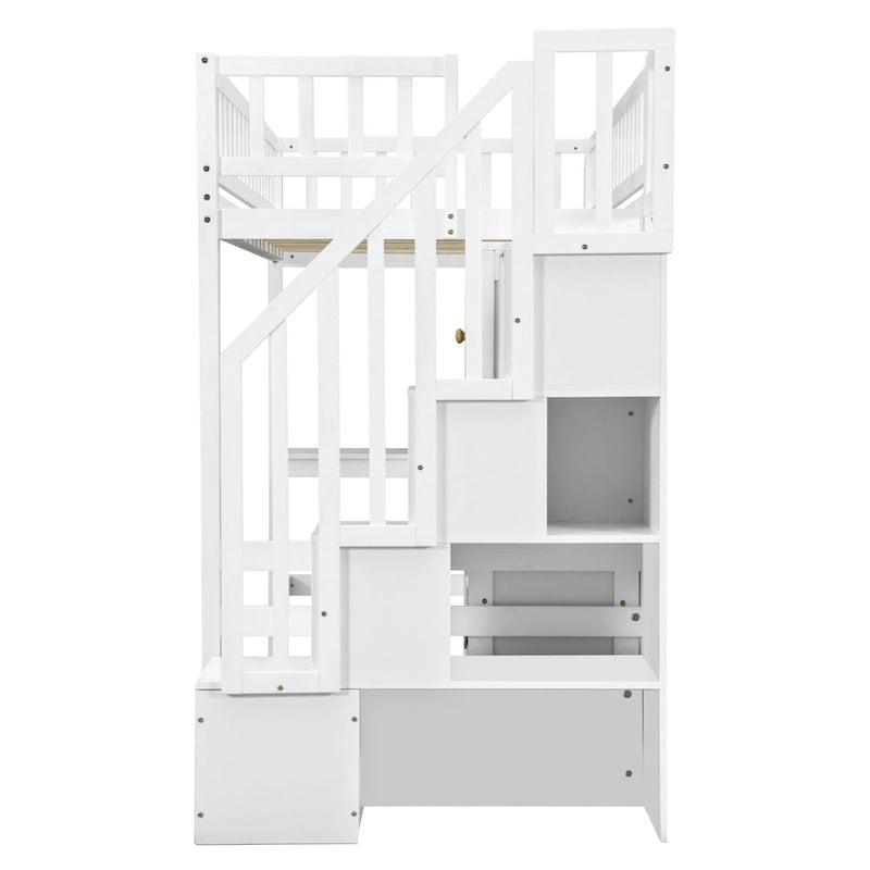 Solid Wood Twin Size Loft Bed w/ Built-in Desk, High LED Loft Bed w/Storage Shelves, Cabinets & Staircase, Full-Length Guardrail