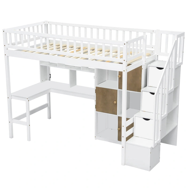 Solid Wood Twin Size Loft Bed w/ Built-in Desk, High LED Loft Bed w/Storage Shelves, Cabinets & Staircase, Full-Length Guardrail