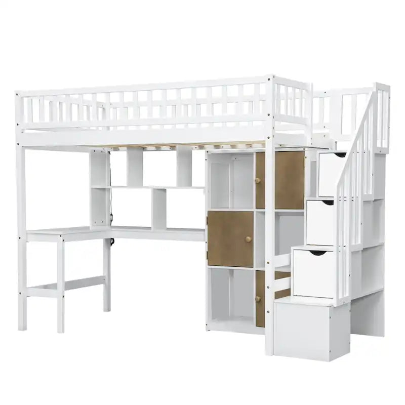 Solid Wood Twin Size Loft Bed w/ Built-in Desk, High LED Loft Bed w/Storage Shelves, Cabinets & Staircase, Full-Length Guardrail