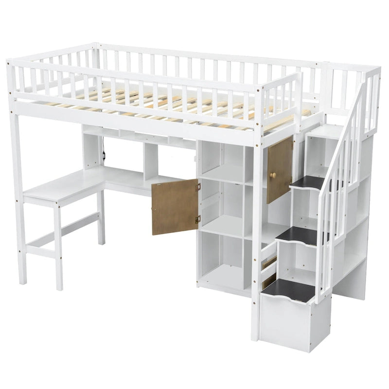 Solid Wood Twin Size Loft Bed w/ Built-in Desk, High LED Loft Bed w/Storage Shelves, Cabinets & Staircase, Full-Length Guardrail