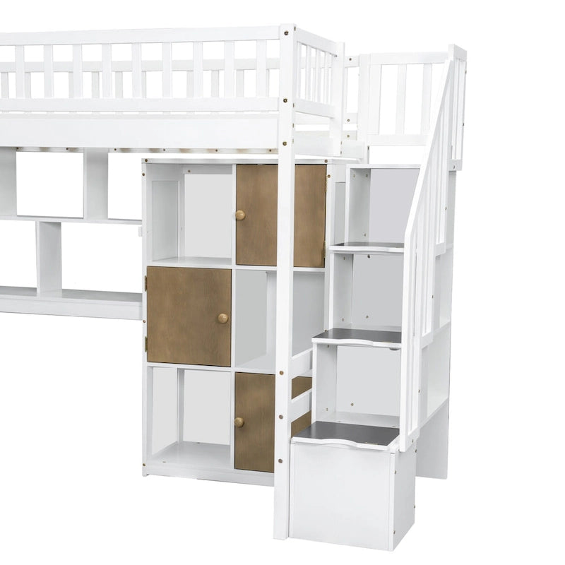Solid Wood Twin Size Loft Bed w/ Built-in Desk, High LED Loft Bed w/Storage Shelves, Cabinets & Staircase, Full-Length Guardrail