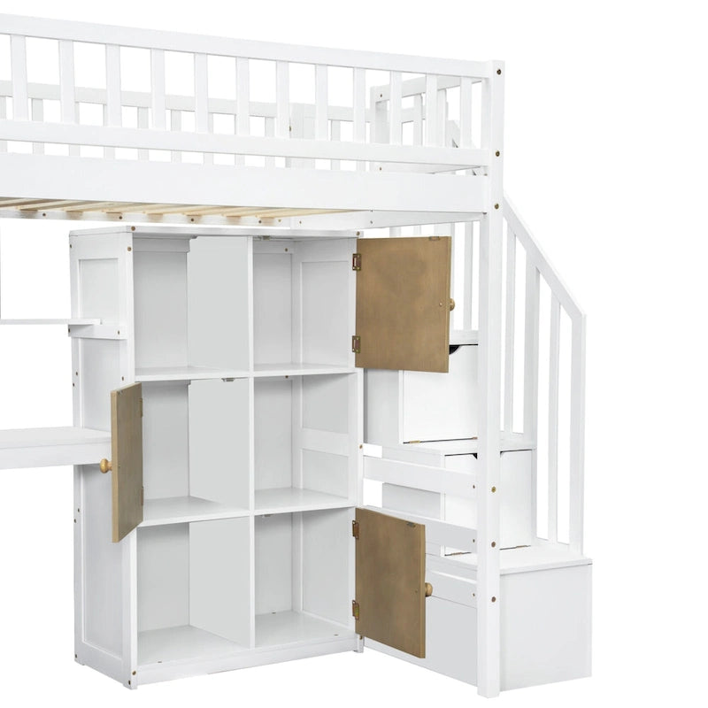 Solid Wood Twin Size Loft Bed w/ Built-in Desk, High LED Loft Bed w/Storage Shelves, Cabinets & Staircase, Full-Length Guardrail