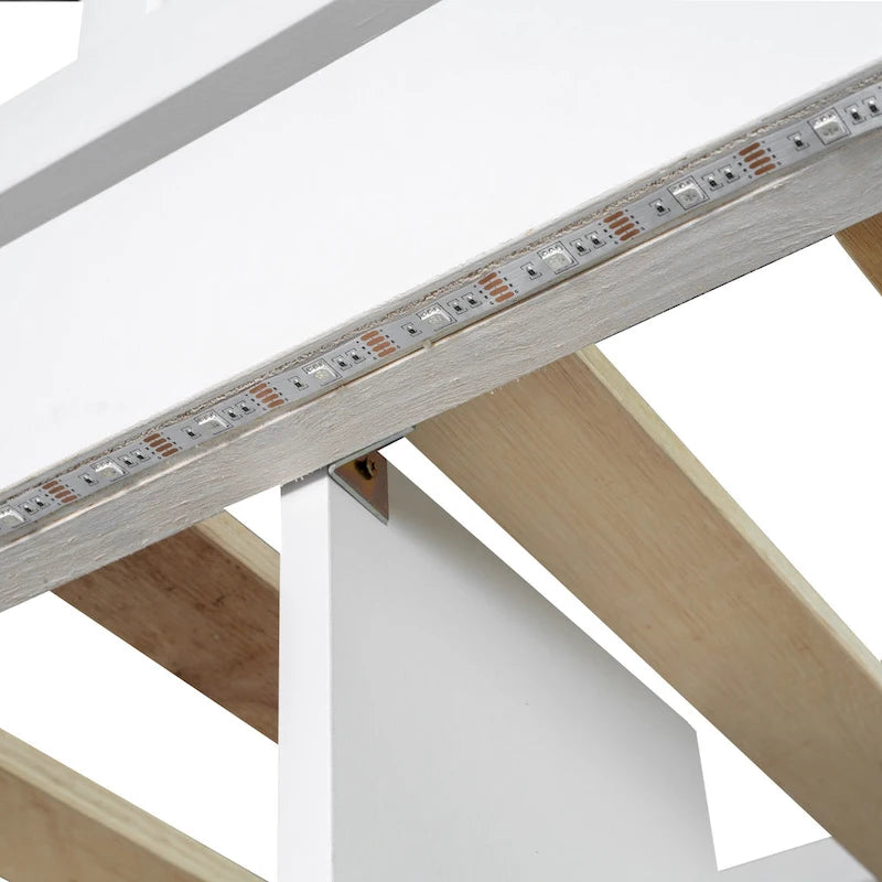 Solid Wood Twin Size Loft Bed w/ Built-in Desk, High LED Loft Bed w/Storage Shelves, Cabinets & Staircase, Full-Length Guardrail