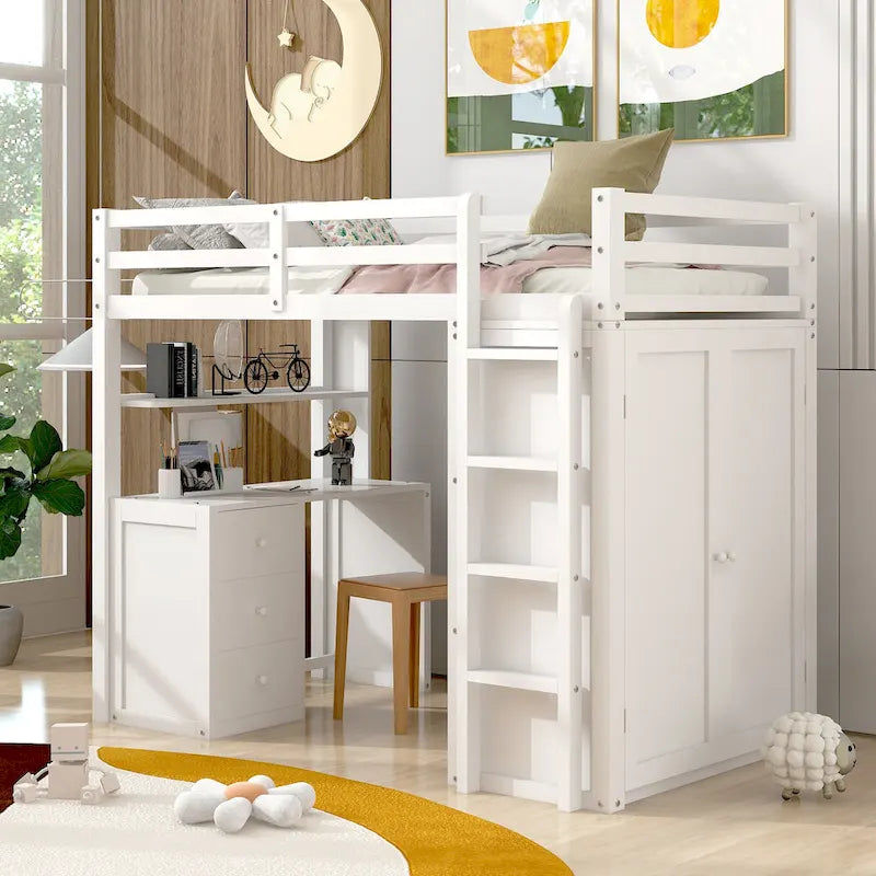Twin Loft Bed with Study Station and Built-in Wardrobe, Desk & Drawers, 400lb Capacity