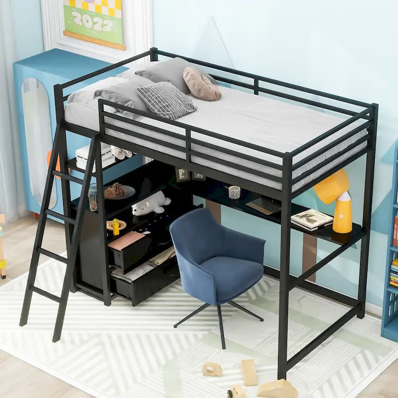 Twin Size Metal Wood Loft Bed with Desk and Shelves