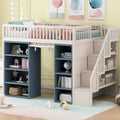 Full Size Solid Wood Loft Bed with 2 Four-layer Storage Cabinets and Curtain