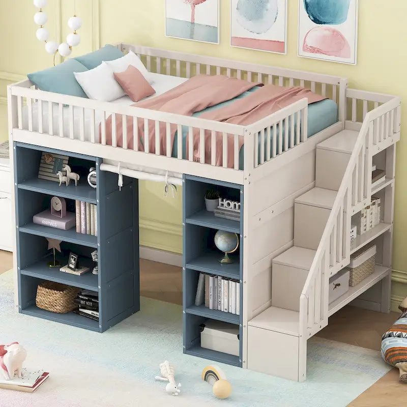 Full Size Solid Wood Loft Bed with 2 Four-layer Storage Cabinets and Curtain