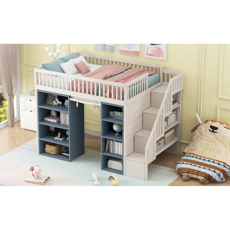 Full Size Solid Wood Loft Bed with 2 Four-layer Storage Cabinets and Curtain