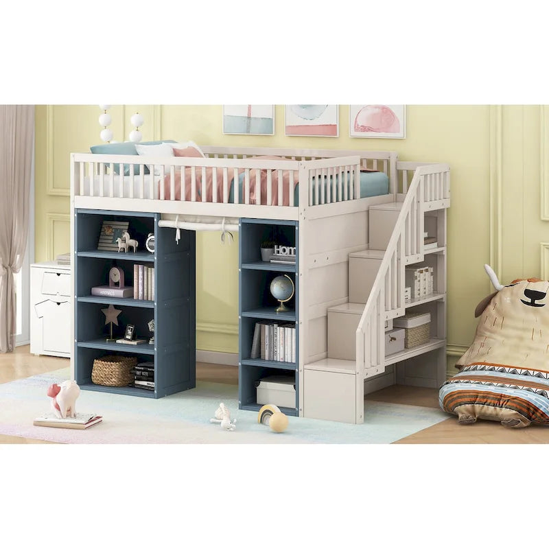 Full Size Solid Wood Loft Bed with 2 Four-layer Storage Cabinets and Curtain