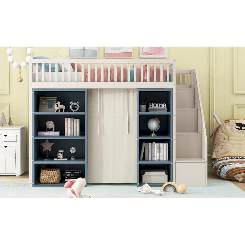 Full Size Solid Wood Loft Bed with 2 Four-layer Storage Cabinets and Curtain