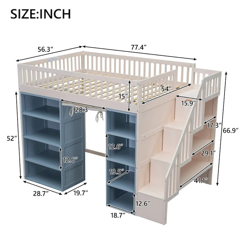 Full Size Solid Wood Loft Bed with 2 Four-layer Storage Cabinets and Curtain
