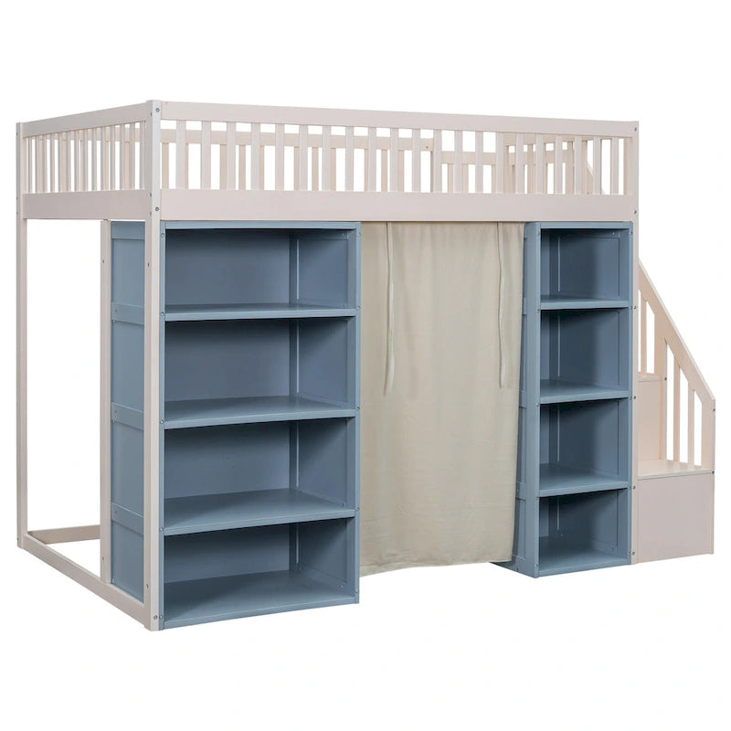 Full Size Solid Wood Loft Bed with 2 Four-layer Storage Cabinets and Curtain