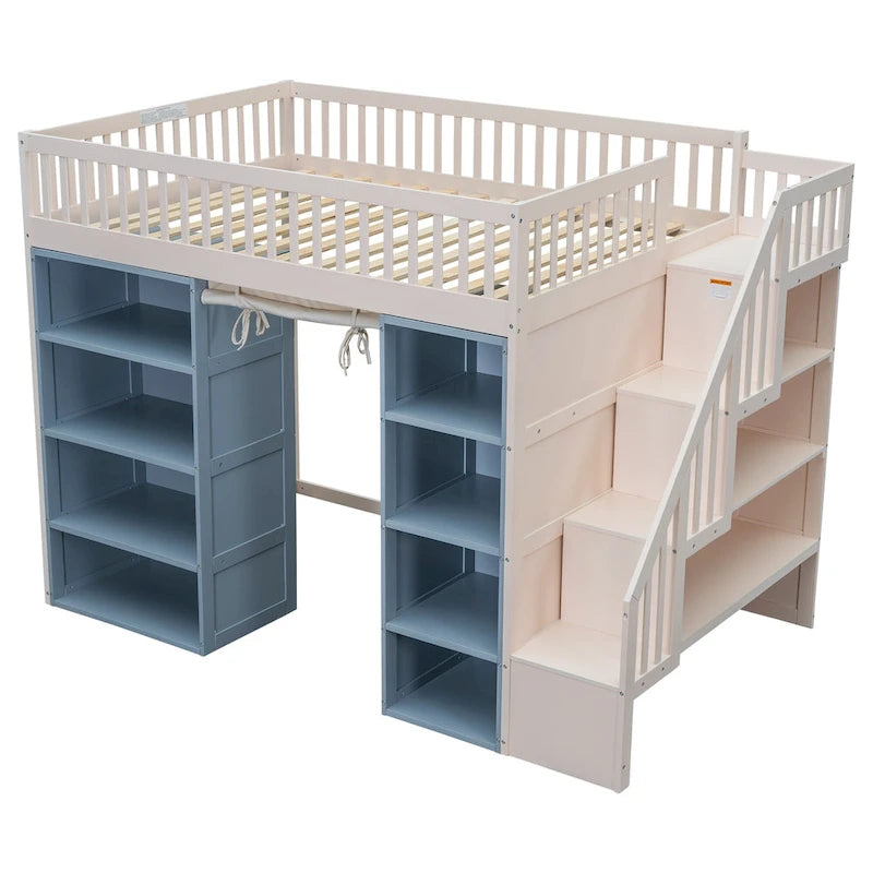 Full Size Solid Wood Loft Bed with 2 Four-layer Storage Cabinets and Curtain