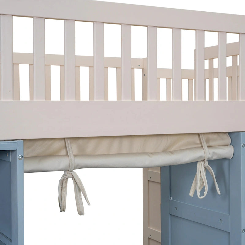 Full Size Solid Wood Loft Bed with 2 Four-layer Storage Cabinets and Curtain