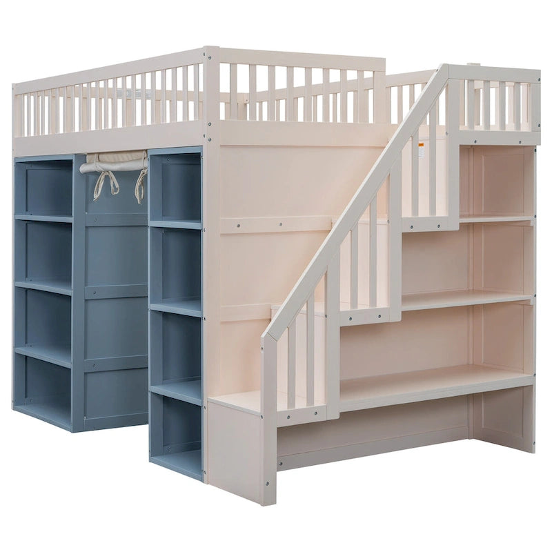 Full Size Solid Wood Loft Bed with 2 Four-layer Storage Cabinets and Curtain