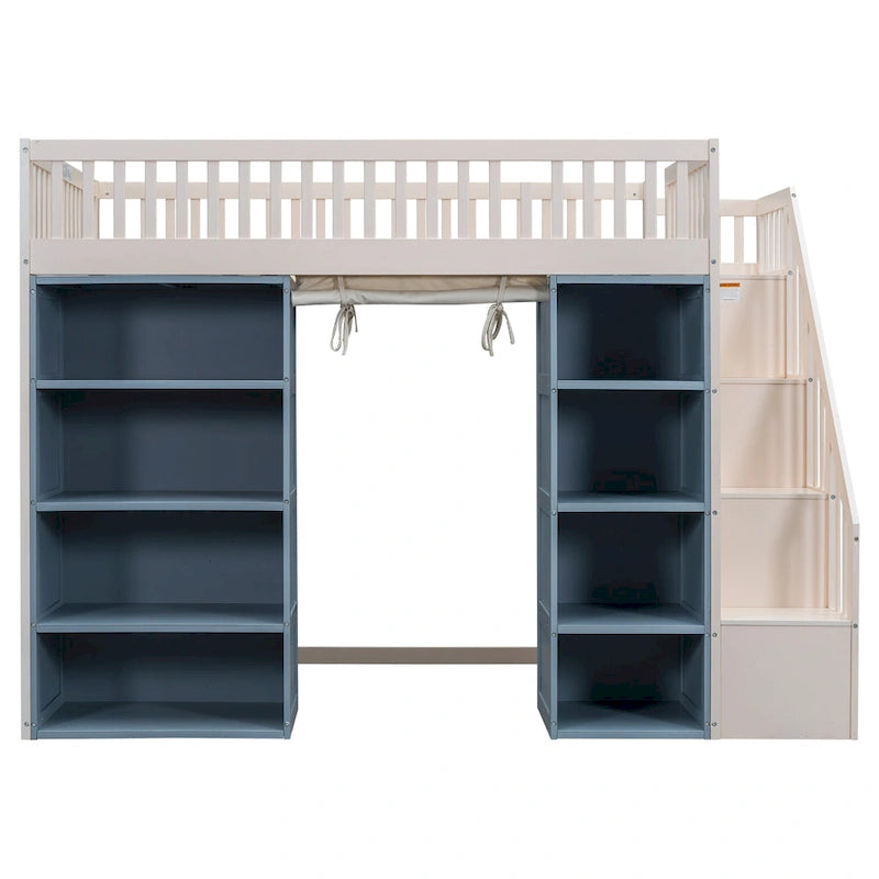 Full Size Solid Wood Loft Bed with 2 Four-layer Storage Cabinets and Curtain