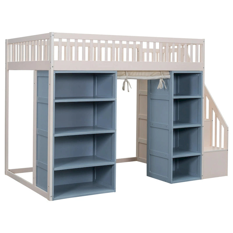 Full Size Solid Wood Loft Bed with 2 Four-layer Storage Cabinets and Curtain