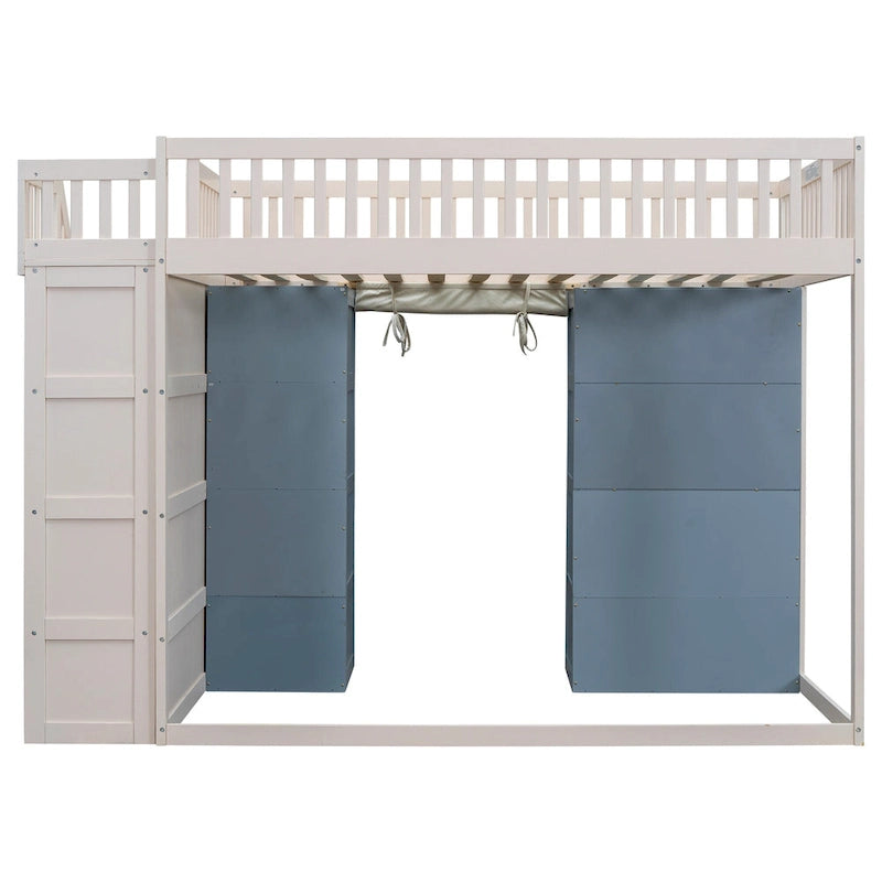 Full Size Solid Wood Loft Bed with 2 Four-layer Storage Cabinets and Curtain