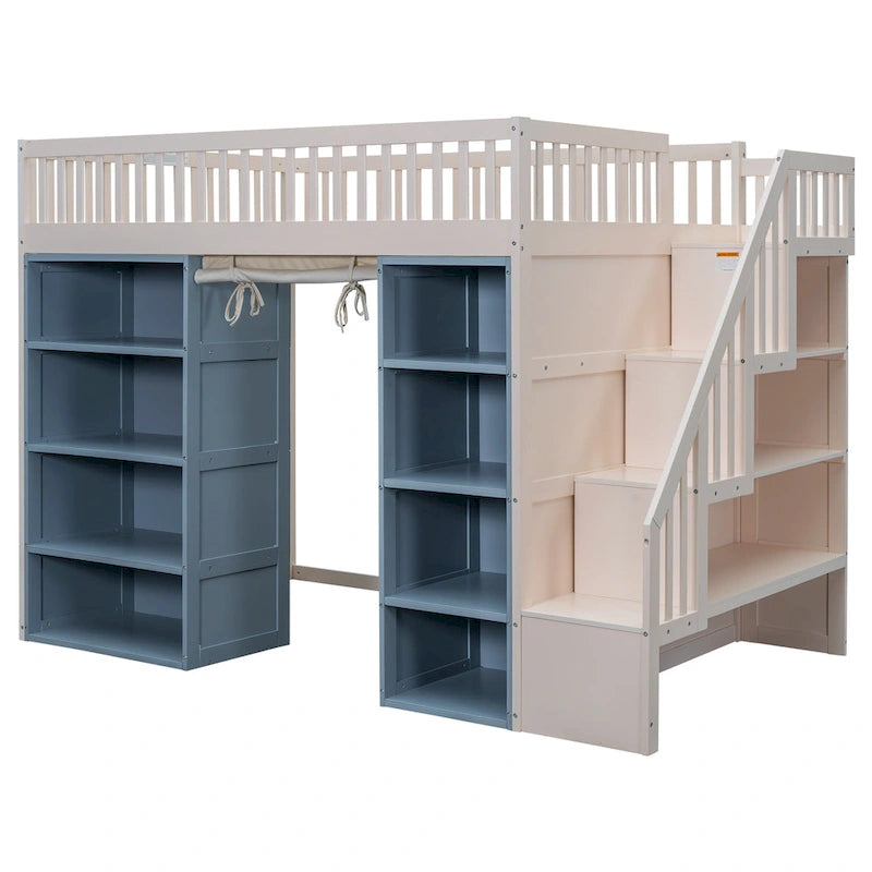 Full Size Solid Wood Loft Bed with 2 Four-layer Storage Cabinets and Curtain