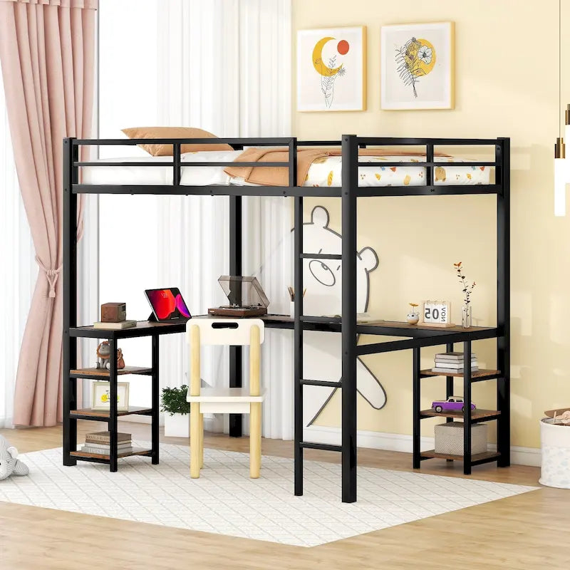 Full Metal Loft Bed with L-Shaped Vintage Wood Desk, Shelves and Guardrails – Black