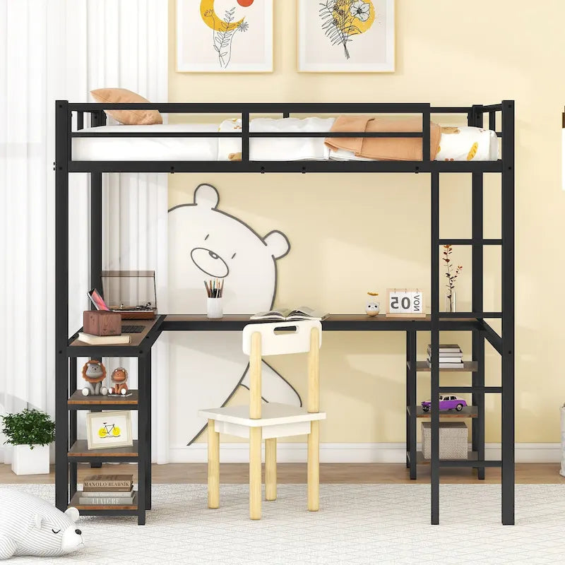 Full Metal Loft Bed with L-Shaped Vintage Wood Desk, Shelves and Guardrails – Black