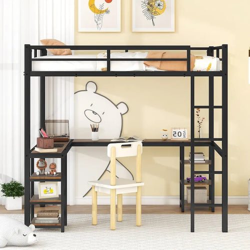 Full Metal Loft Bed with L-Shaped Vintage Wood Desk, Shelves and Guardrails – Black