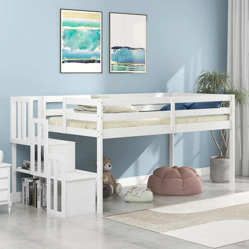 Twin Size Pine Wood Loft Bed with Staircase and Fence for Kids