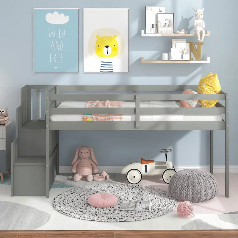 Twin Size Pine Wood Loft bed with staircase and Fence for Kids, Boys and Girls