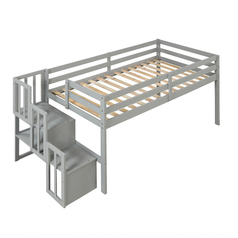 Twin Size Pine Wood Loft bed with staircase and Fence for Kids, Boys and Girls