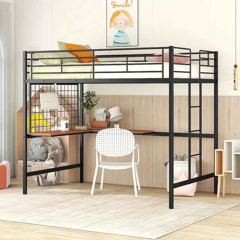 Metal Loft Bed with Desk, Ladder and Metal Grid for Kids, Teens, Girls, Boys