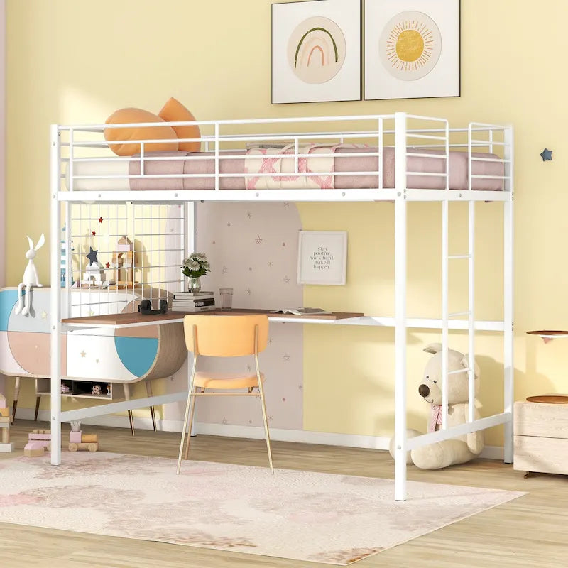 Metal Loft Bed with Desk, Grid Panel and 4-Step Ladder – Twin and Full