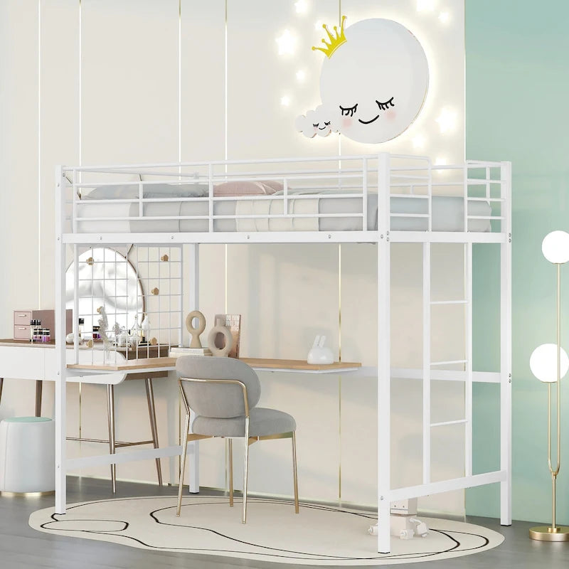 Metal Loft Bed with Desk, Ladder and Metal Grid for Kids, Teens, Girls, Boys