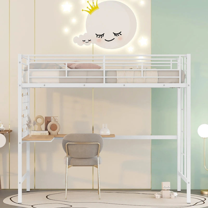 Metal Loft Bed with Desk, Ladder and Metal Grid for Kids, Teens, Girls, Boys