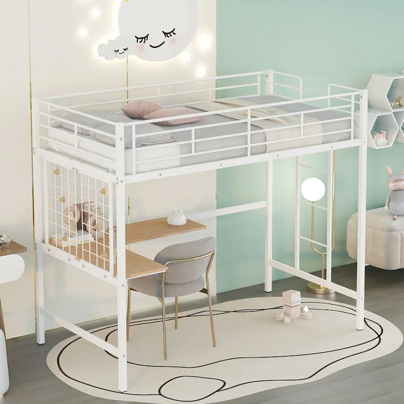Metal Loft Bed with Desk, Ladder and Metal Grid for Kids, Teens, Girls, Boys