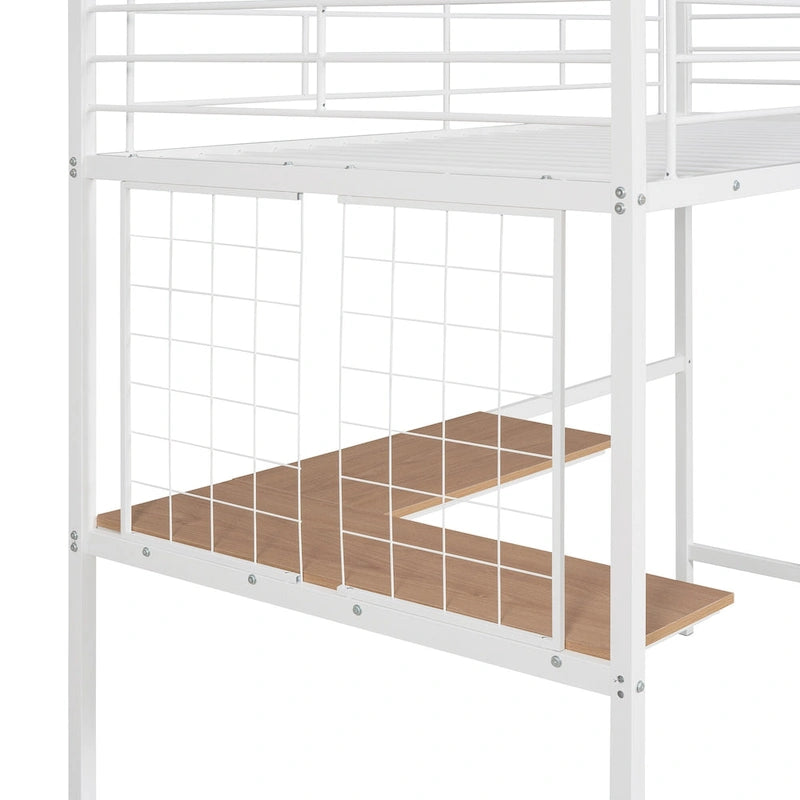 Metal Loft Bed with Desk, Ladder and Metal Grid for Kids, Teens, Girls, Boys