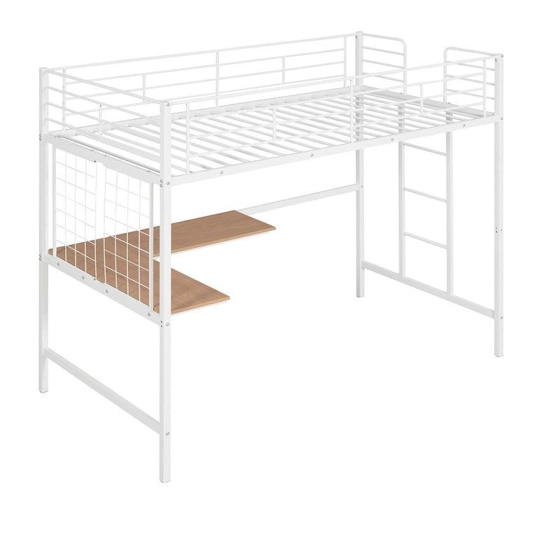Metal Loft Bed with Desk, Ladder and Metal Grid for Kids, Teens, Girls, Boys