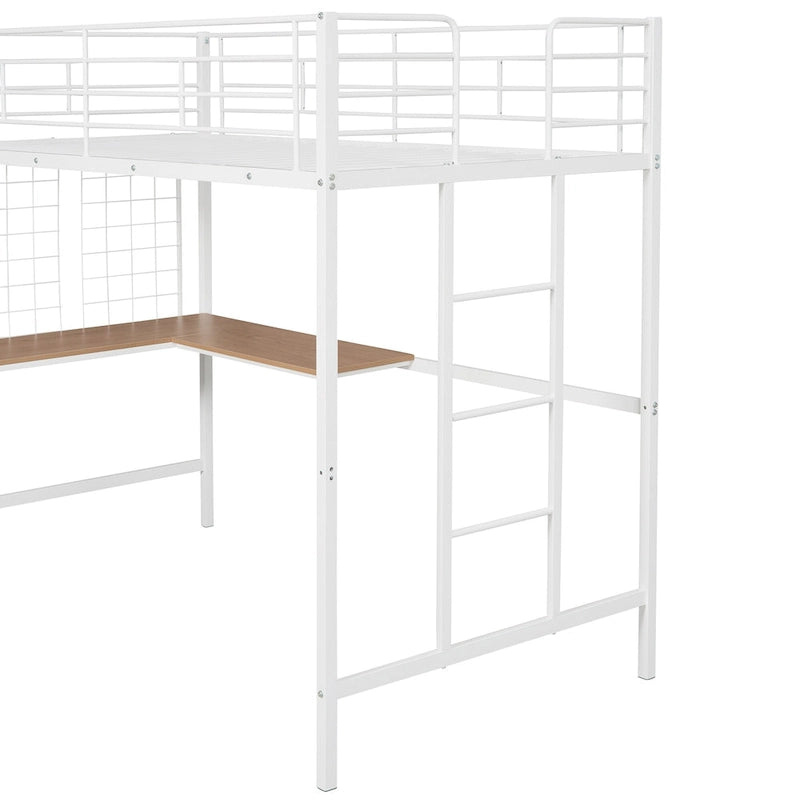 Metal Loft Bed with Desk, Ladder and Metal Grid for Kids, Teens, Girls, Boys