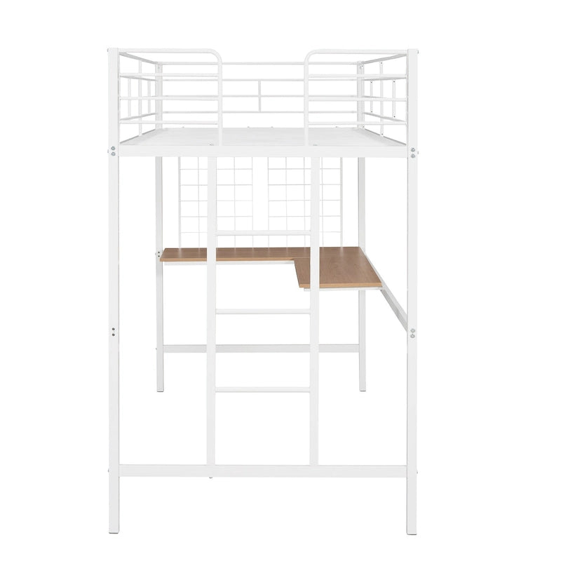 Metal Loft Bed with Desk, Ladder and Metal Grid for Kids, Teens, Girls, Boys
