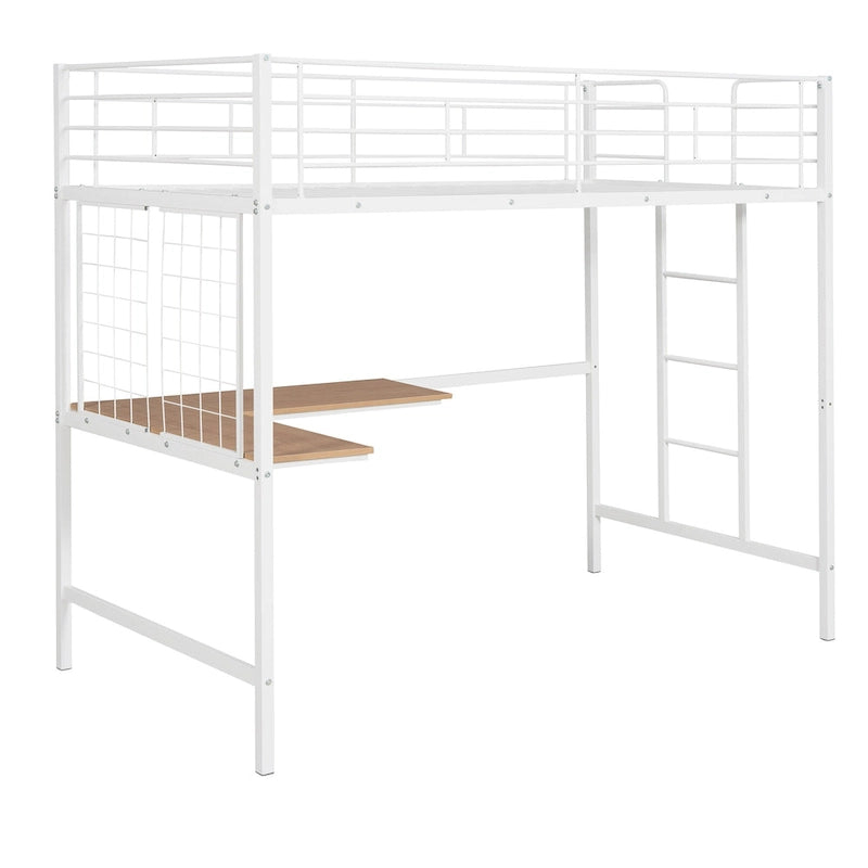Metal Loft Bed with Desk, Ladder and Metal Grid for Kids, Teens, Girls, Boys
