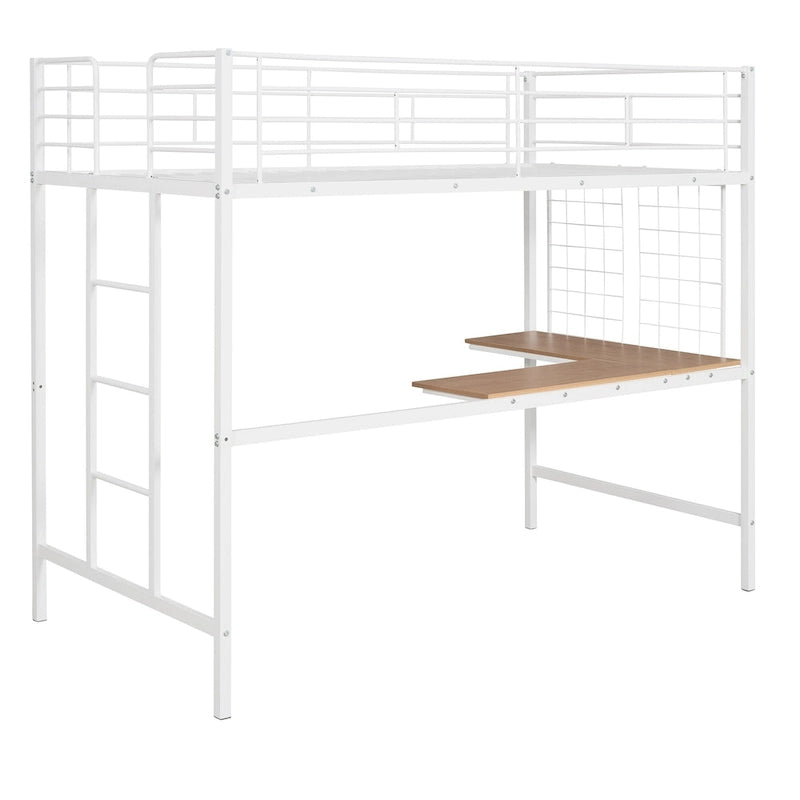 Metal Loft Bed with Desk, Ladder and Metal Grid for Kids, Teens, Girls, Boys