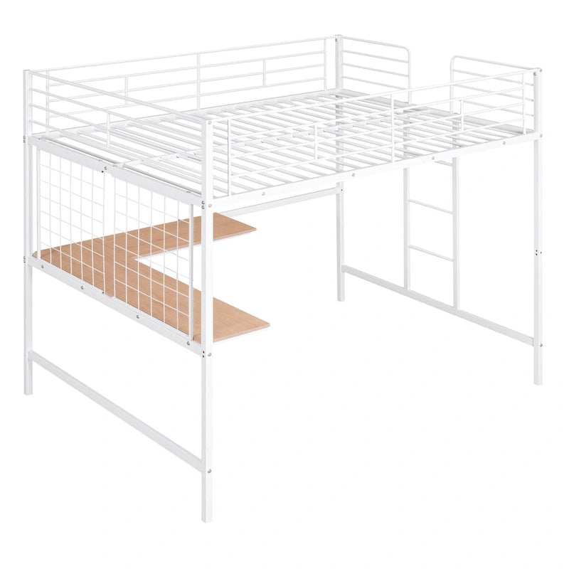 Metal Loft Bed with Desk, Ladder and Metal Grid for Kids, Teens, Girls, Boys