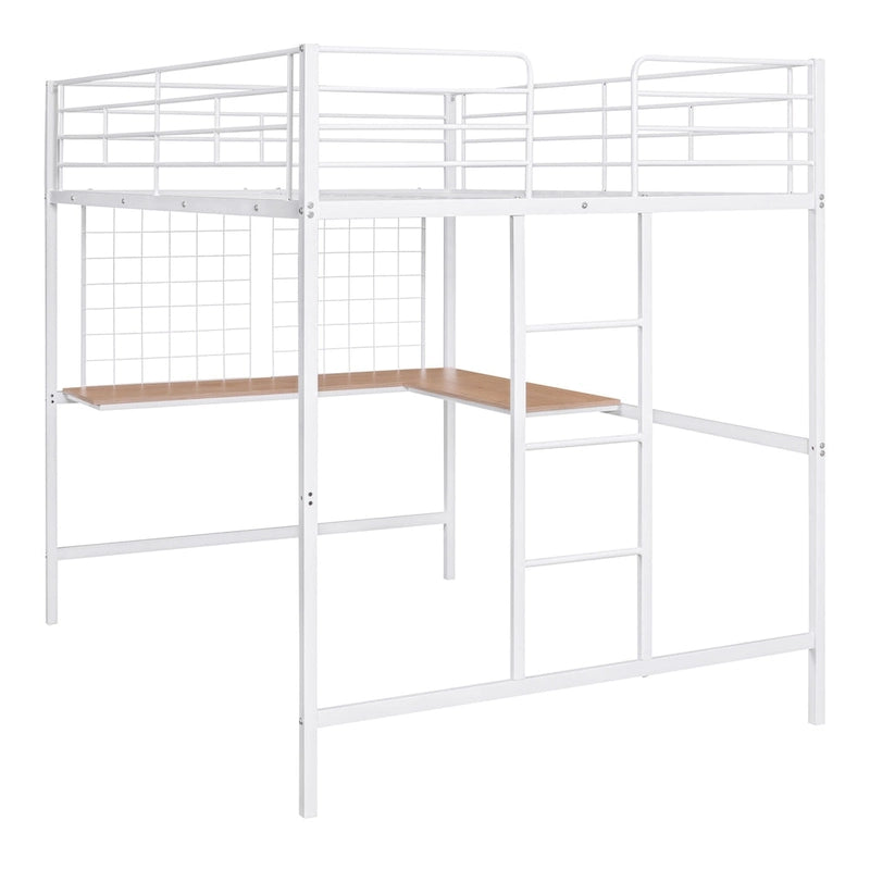 Metal Loft Bed with Desk, Ladder and Metal Grid for Kids, Teens, Girls, Boys