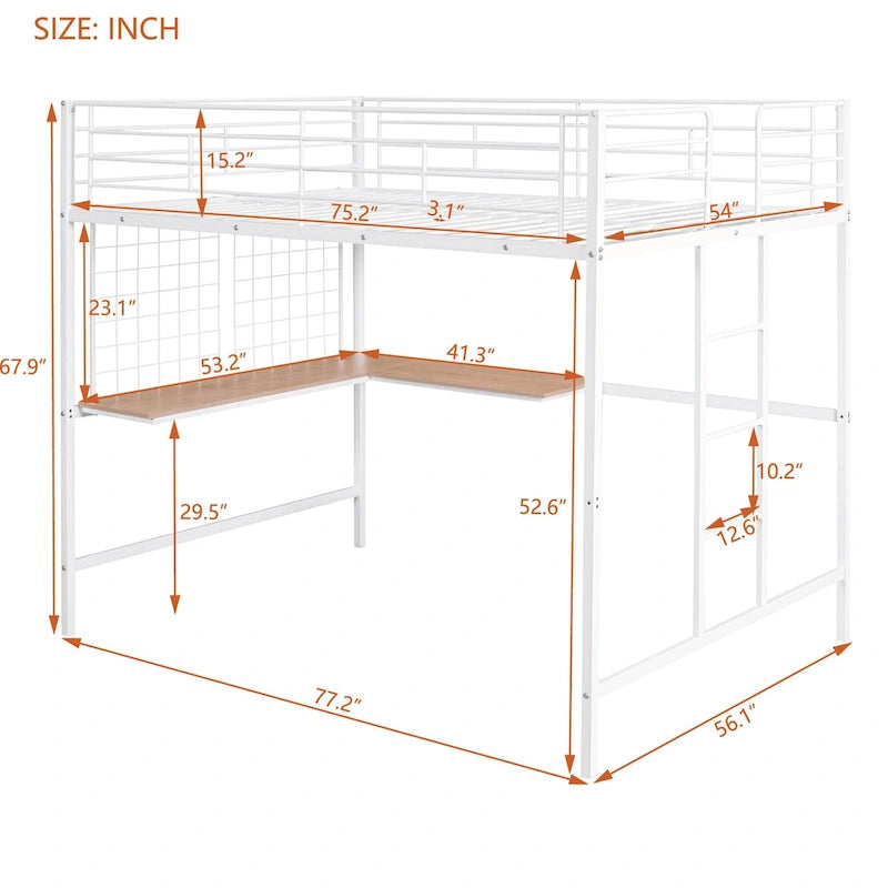 Metal Loft Bed with Desk, Ladder and Metal Grid for Kids, Teens, Girls, Boys