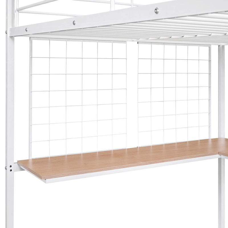 Metal Loft Bed with Desk, Ladder and Metal Grid for Kids, Teens, Girls, Boys