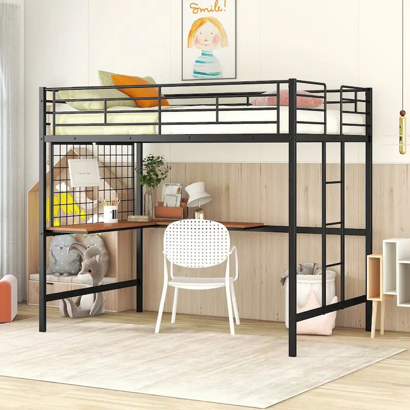 Metal Loft Bed with Desk, Ladder and Metal Grid for Kids, Teens, Girls, Boys