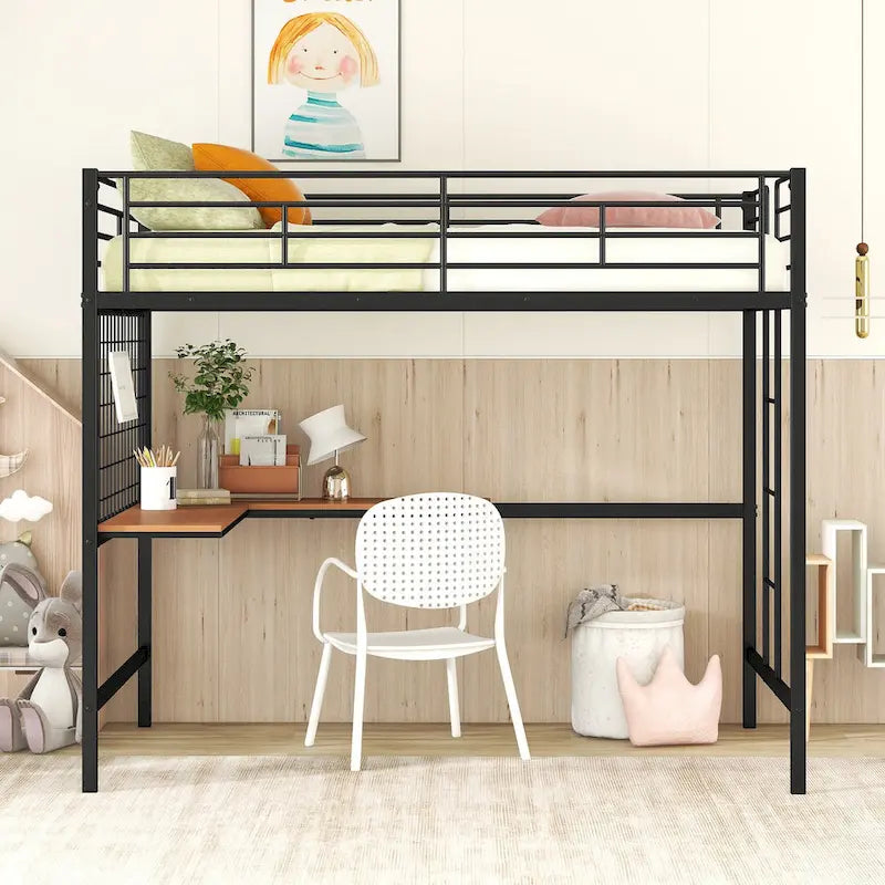Metal Loft Bed with Desk, Ladder and Metal Grid for Kids, Teens, Girls, Boys