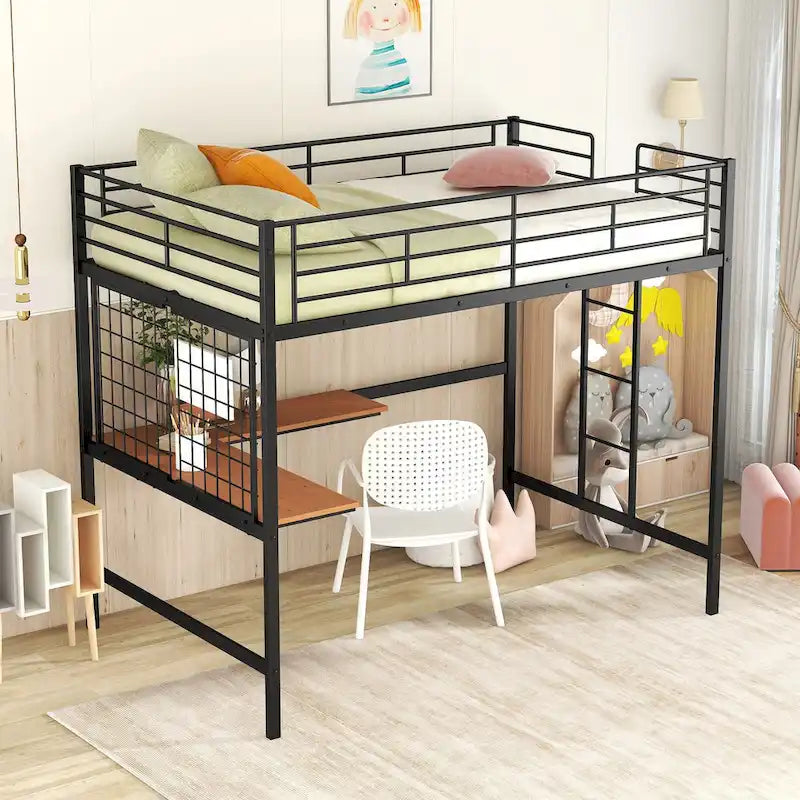 Metal Loft Bed with Desk, Ladder and Metal Grid for Kids, Teens, Girls, Boys